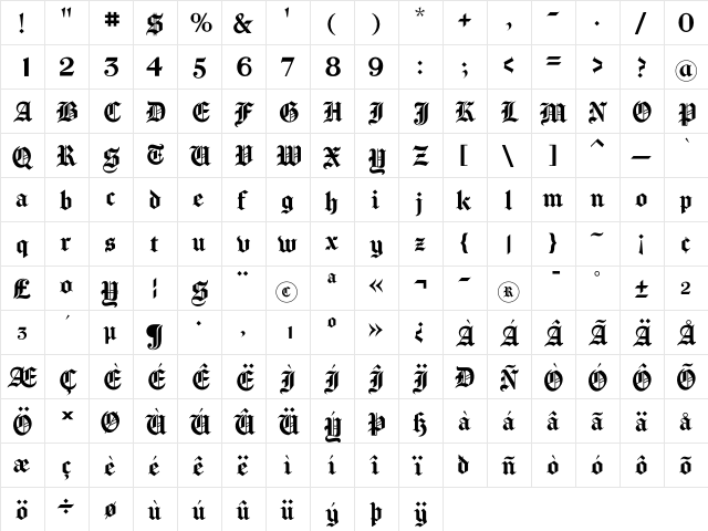 Chomsky Regular  glyph index
