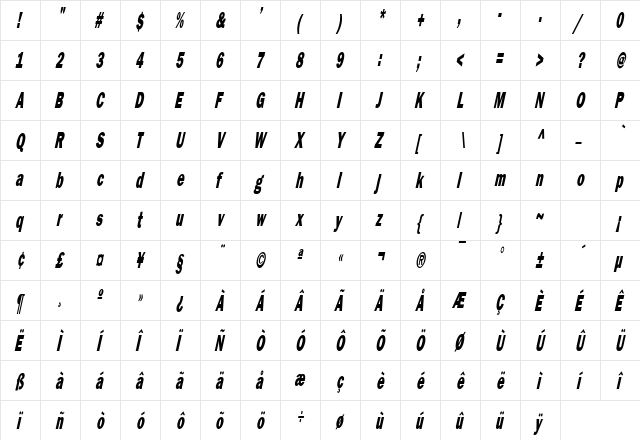 Francis Gothic Thin Italic  glyph index