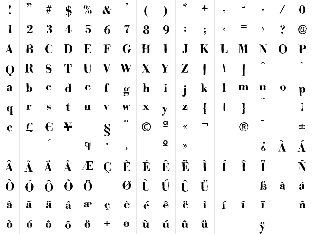 BodoniAntique Bold  glyph index