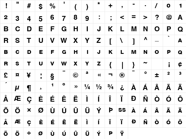 Helvetica SC Bold  glyph index