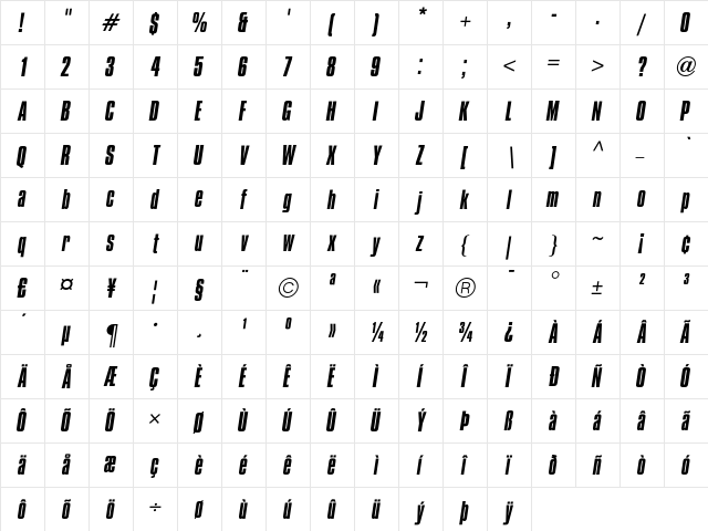 CompactaICG Italic  glyph index