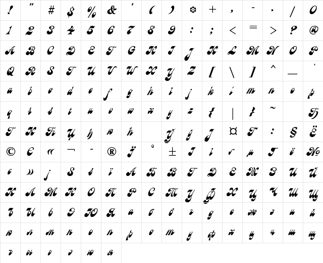 Astra Regular  glyph index