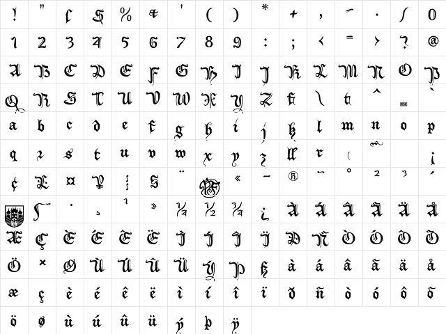XiBeronne Regular  glyph index