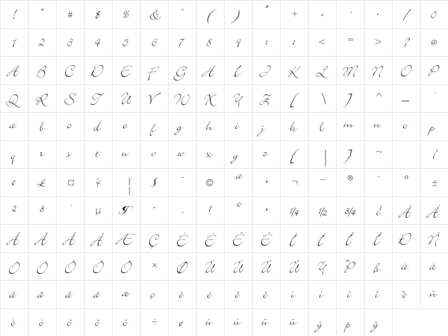 Bickley Script Regular  glyph index