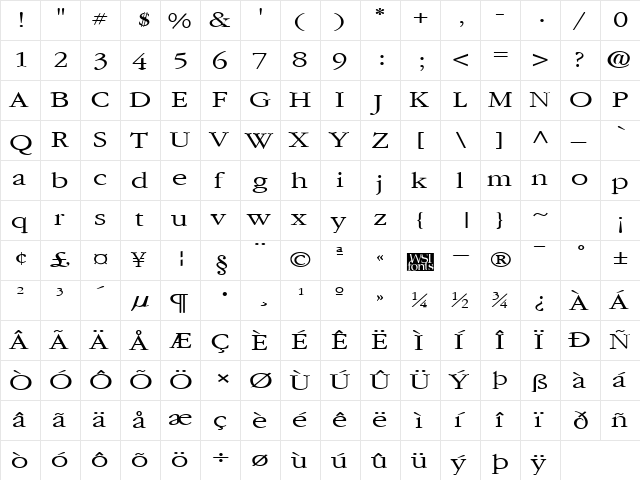 GarnetBroad Regular  glyph index