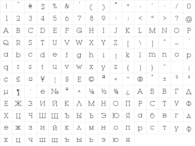 LugaExtra ExtraLight  glyph index