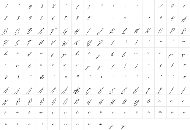 England Signature Italic  glyph index