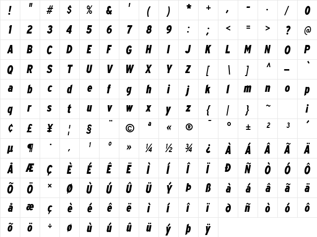 Expressway Condensed ExtraBold Italic  glyph index