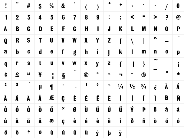 Grotesque Becker Regular  glyph index