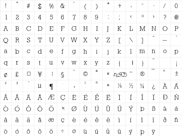 Rockney Light Regular  glyph index