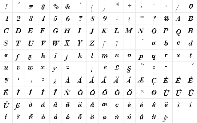 BauerBodDDemBolItaIn1 Regular  glyph index