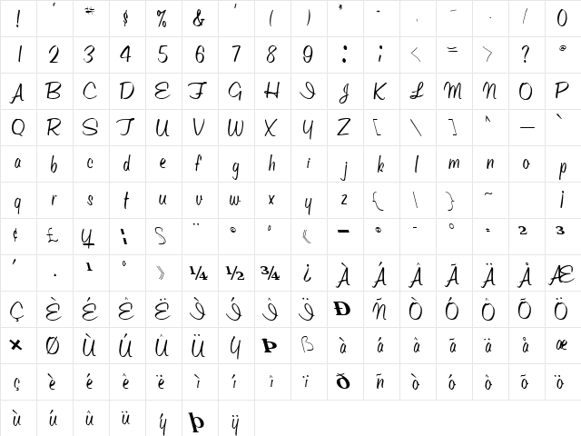 WellOiled Regular  glyph index