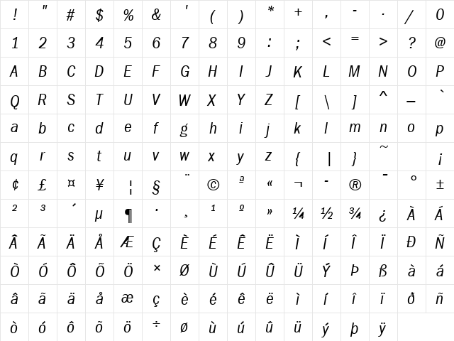FranklinGothicCond Italic  glyph index