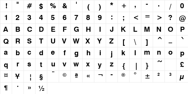 Swis721Greek BT Bold  glyph index