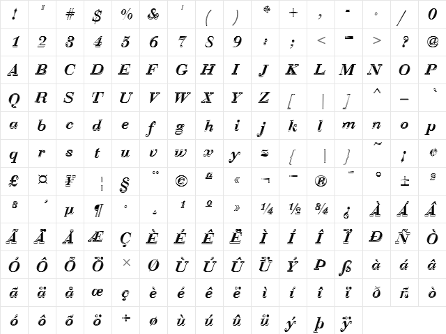 Bauer Bodoni D In1 Regular  glyph index