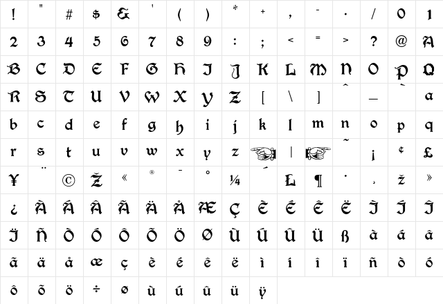 AcademyText Regular  glyph index