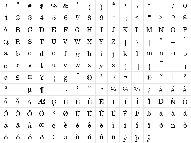 URWClarendonTLigExtNar Regular  glyph index