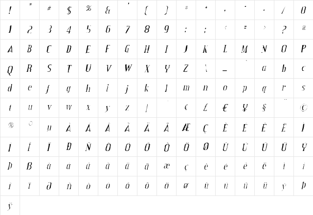 Credit Valley Gaunt Italic  glyph index