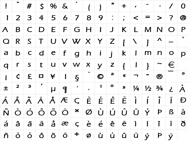 EricWide Bold  glyph index