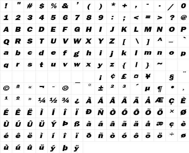 Francis Gothic-Extended Italic  glyph index