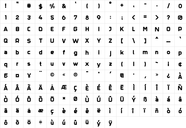 Trak Black  glyph index