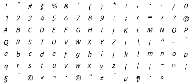 MetaNormalLFC Regular  glyph index