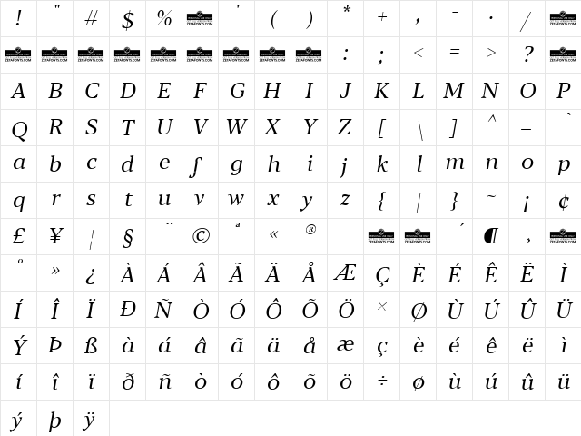 Blacker Text Book Italic  glyph index