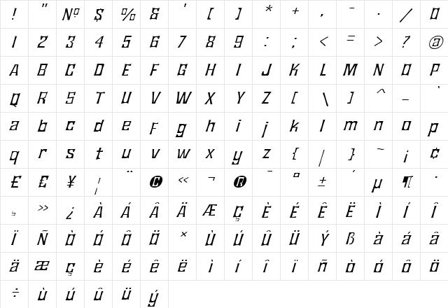 JMH Bronze Fine Italic  glyph index