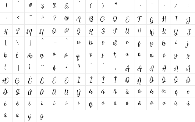 Westline Script Demo Regular  glyph index