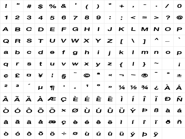 FontChordNew62 Bold  glyph index