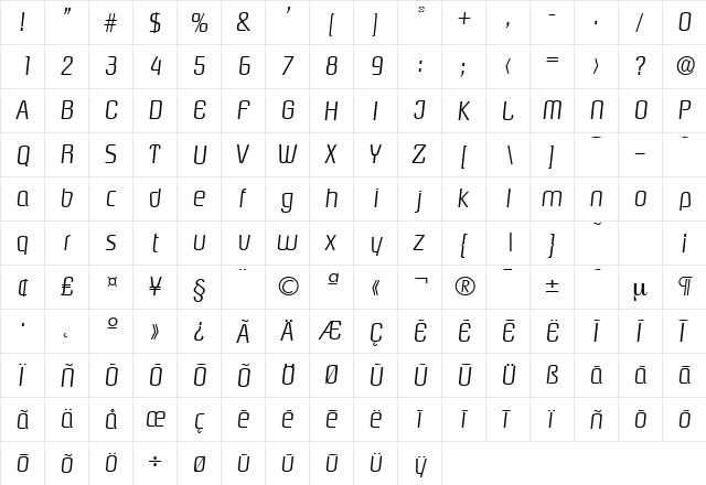 Pasadena-Serial-Light RegularItalic  glyph index