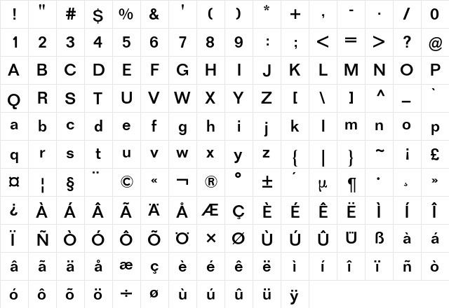 Folio BQ Regular  glyph index