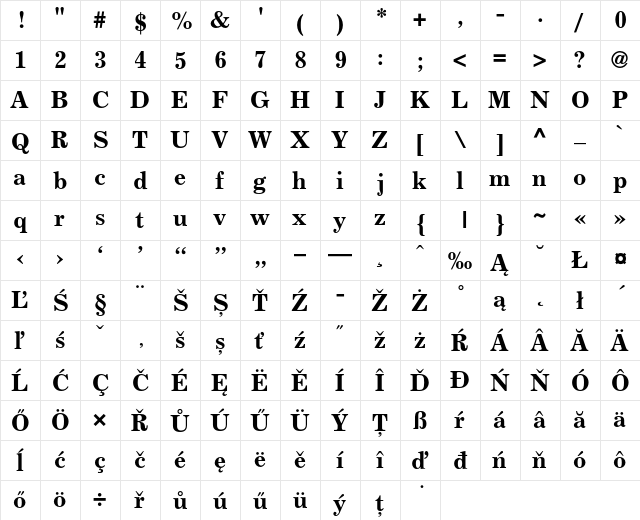 Excelsior EastA Bold  glyph index