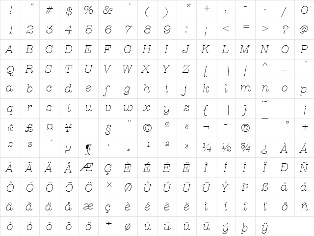 AmericanTypItcTLig Italic  glyph index
