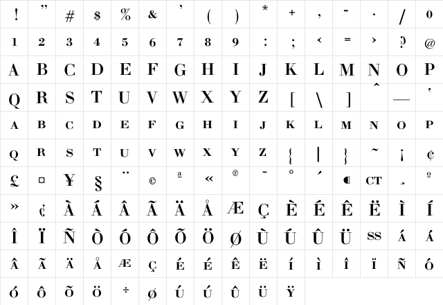 Bodoni BoldL-SC  glyph index
