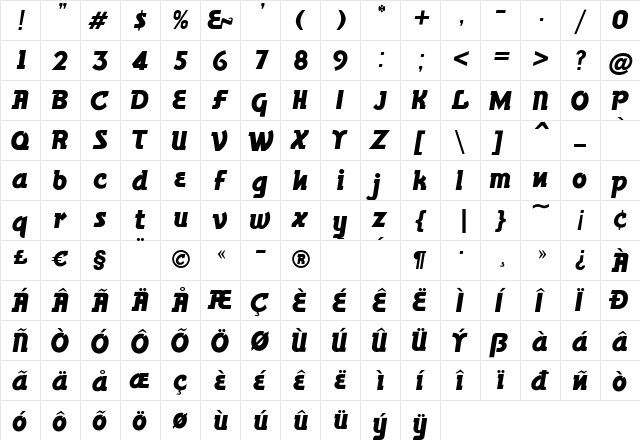 BronsonGothicJF Medium  glyph index