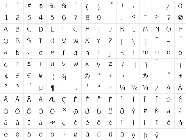 Benjamin-Gothic Regular  glyph index