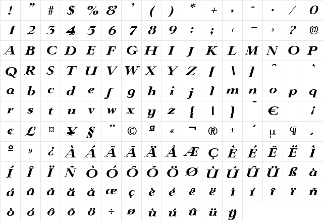 Lingwood-BoldIta Regular  glyph index