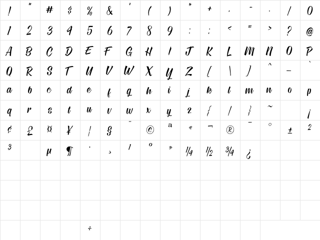 Eastville Square US Regular  glyph index