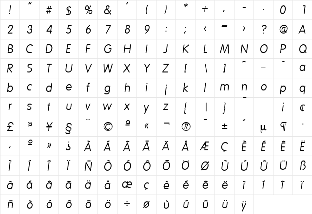 Volkswagen-Serial-Light RegularItalic  glyph index