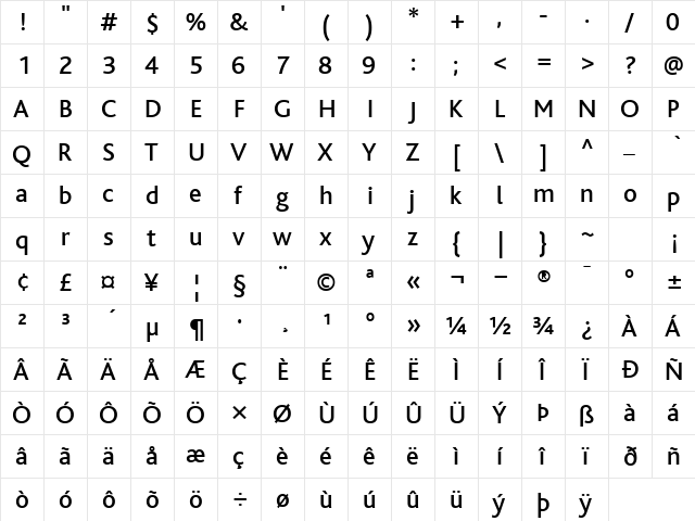 BlissMedium Regular  glyph index