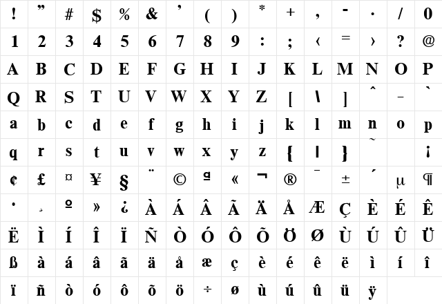 Thames-Serial Bold  glyph index