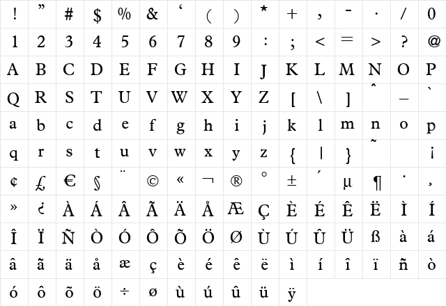 P761-Roman Regular  glyph index