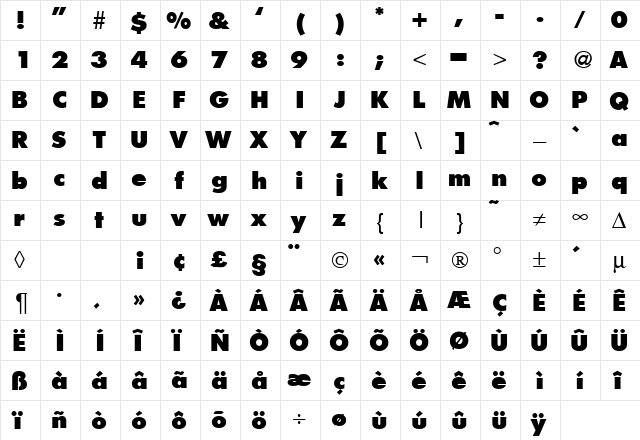 FunctionTwoExtrabold Regular  glyph index