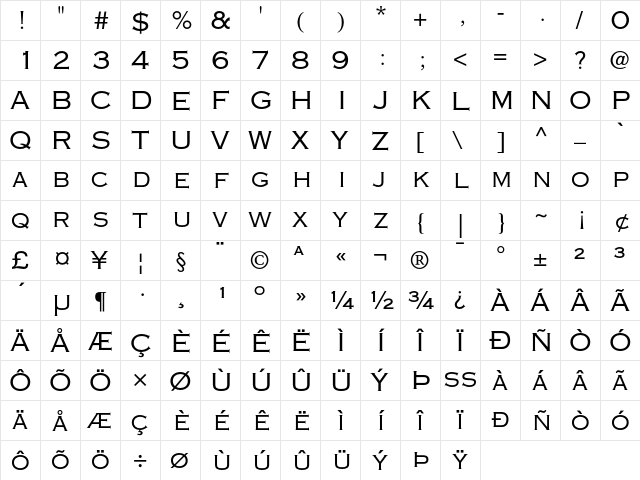 Copperplate Gothic Thirty-Two AB  glyph index