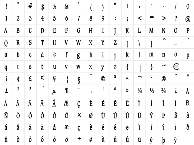 ClaytonThin Bold  glyph index