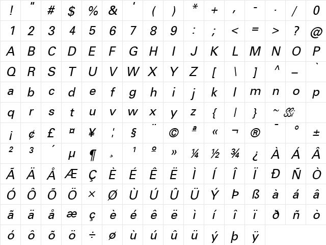 Nova SSi Italic  glyph index