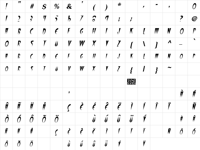 WolfgangCaps Italic  glyph index