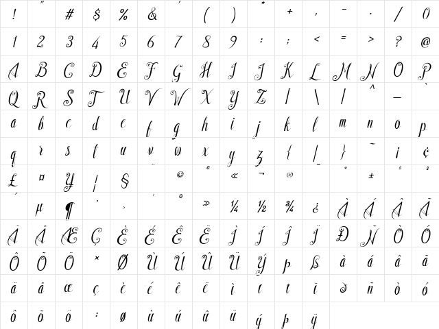 Shyntia Bella Regular  glyph index