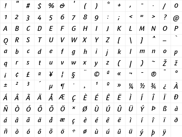 Textra LT Light Bold Italic  glyph index